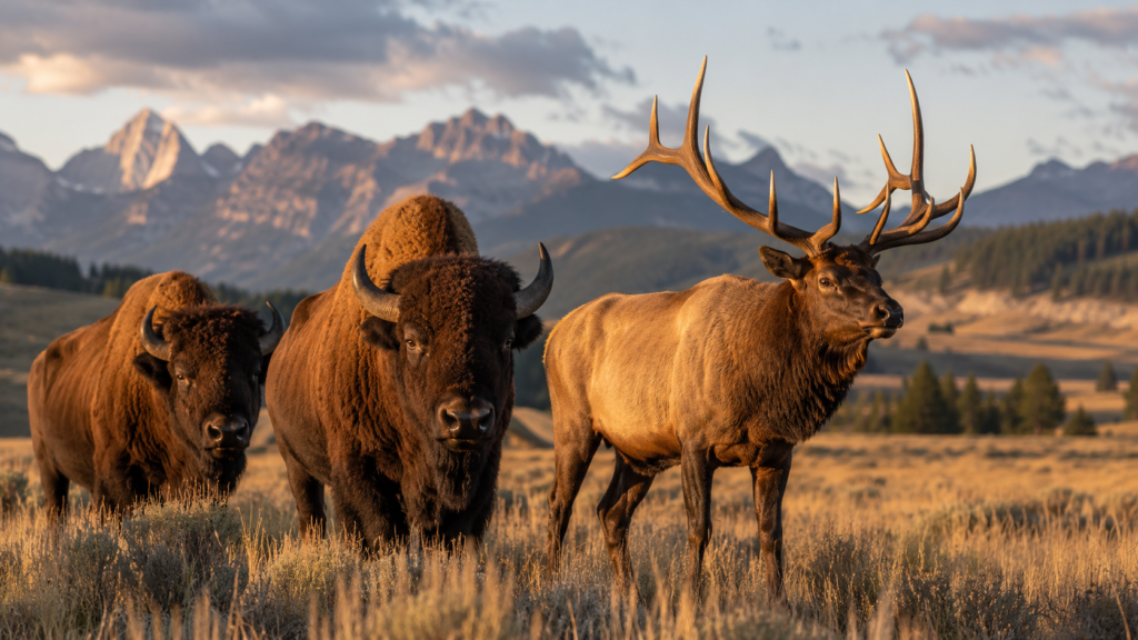 Bison and bull elk grazing together, representing the exotic livestock species supported by Stocked Up's nutrition