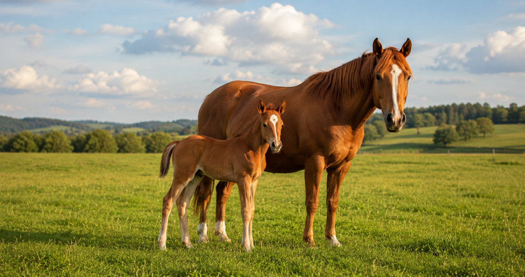 Mare and colt standing together, supported by Big Hoss breeding nutrition for broodmares and foals