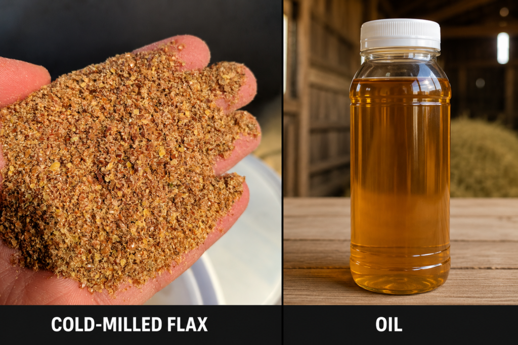 Cold-milled flax compared to oil in a plastic bottle